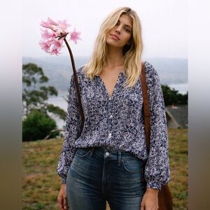 Lucky Brand Floral Longsleeve V-Neck Button-Down Blouse Shirt Paisley Large Boho